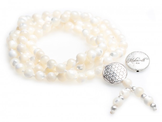 Mother-of-pearl mala necklace (with flower of life silver) 